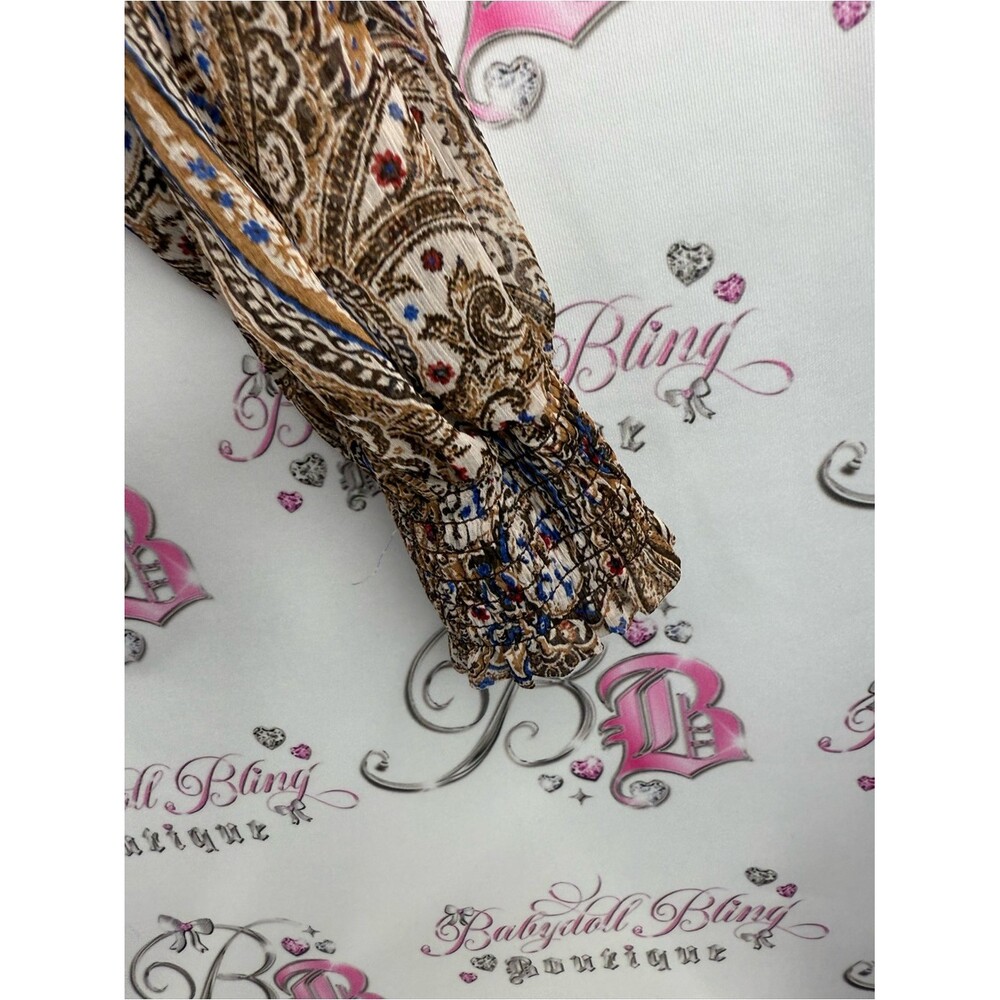 Zara blouse long sleeves tassels Beige Paisley Blouse with Blue & Brown Accents - Picture 5 of 12